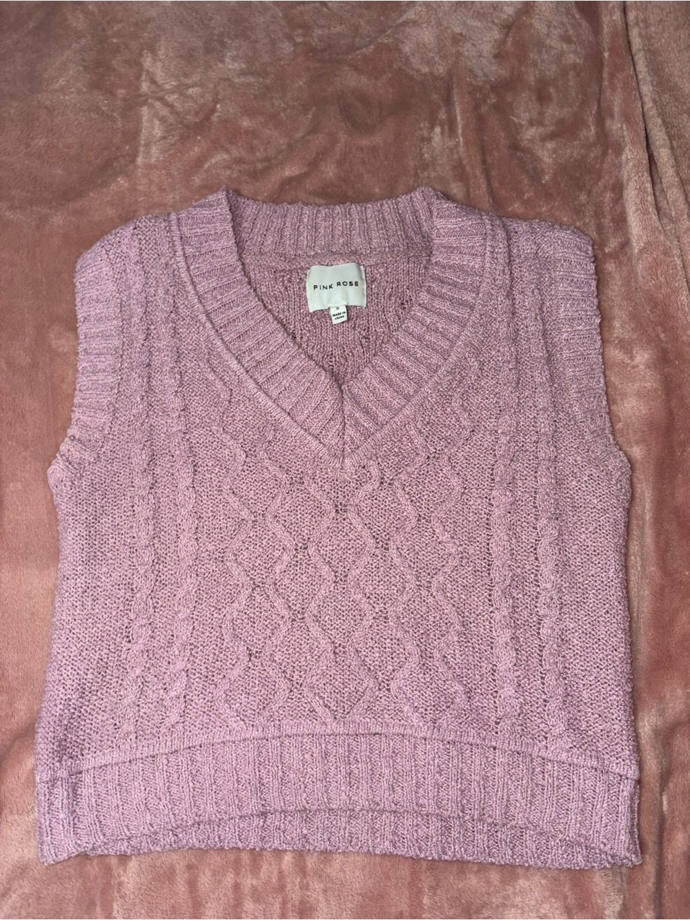 Pink Rose Mauve Cable Knit V-Neck Sweater Vest
